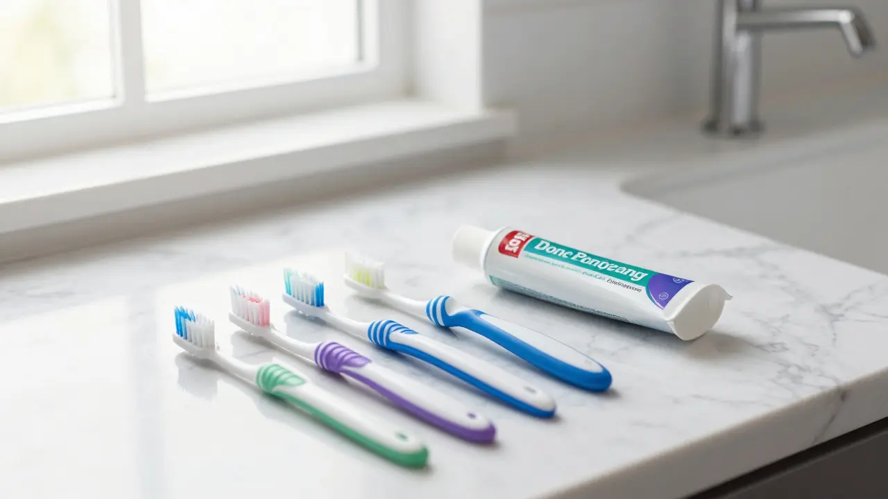 Sada pro dentální hygienu s mezizubními kartáčky a kartáčkem na mramorovém podkladu.