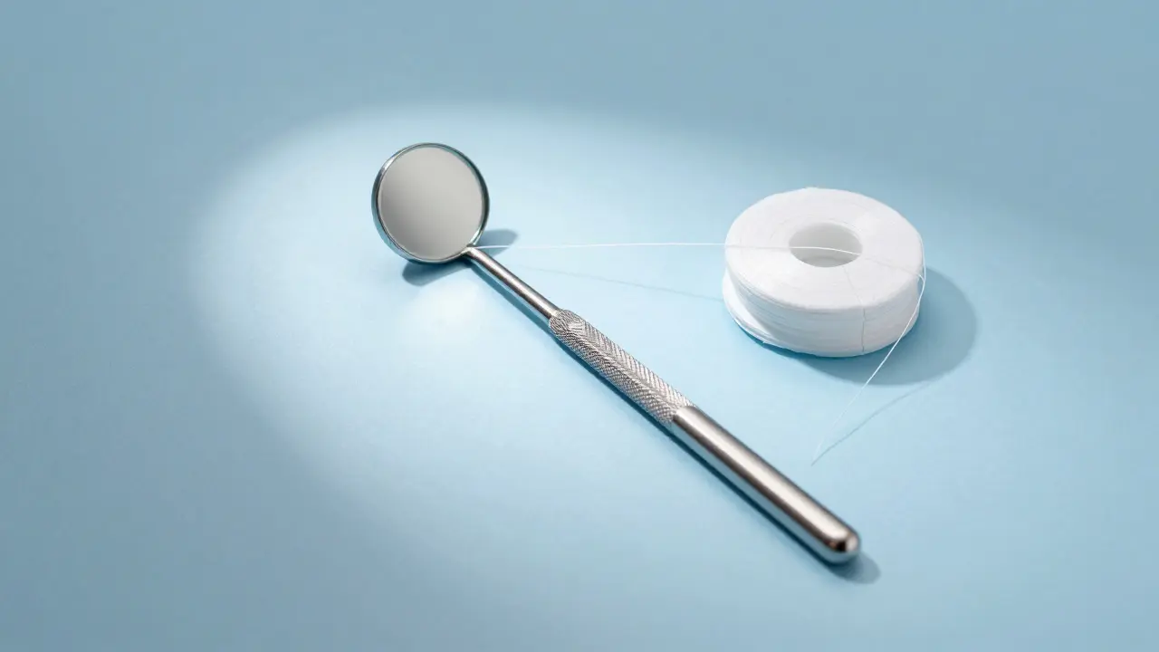 Sada pro ústní hygienu s dentálním zrcátkem a nití na modrém pozadí.