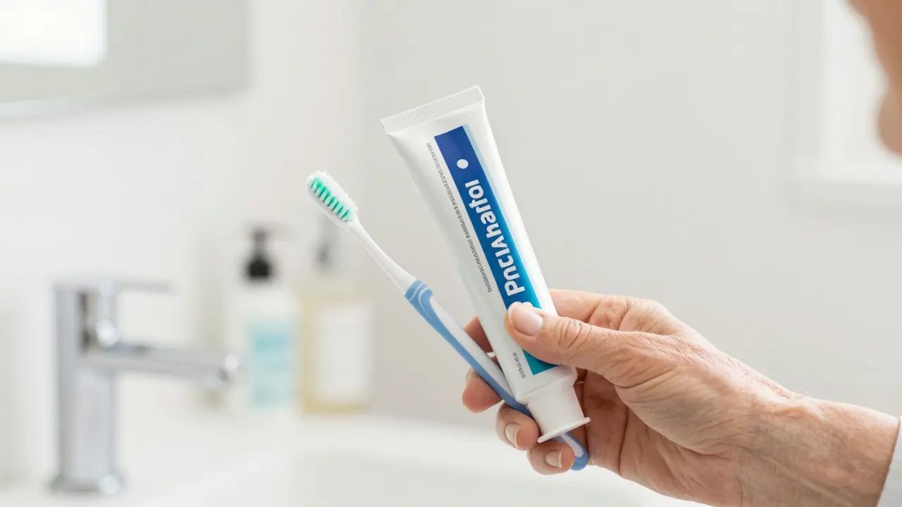 Seniorská ruka drží extra měkký zubní kartáček a fluoridovou pastu.