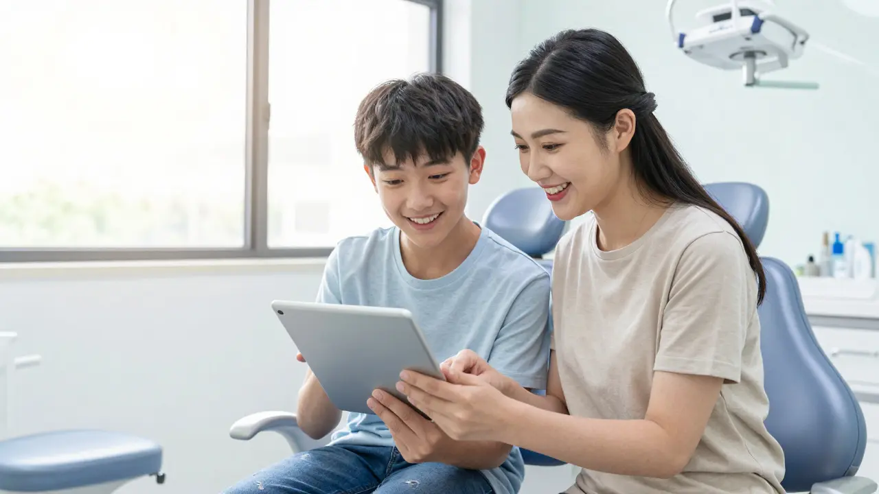 Šťastný teenager a rodič v moderní zubní ordinaci při plánování léčby.