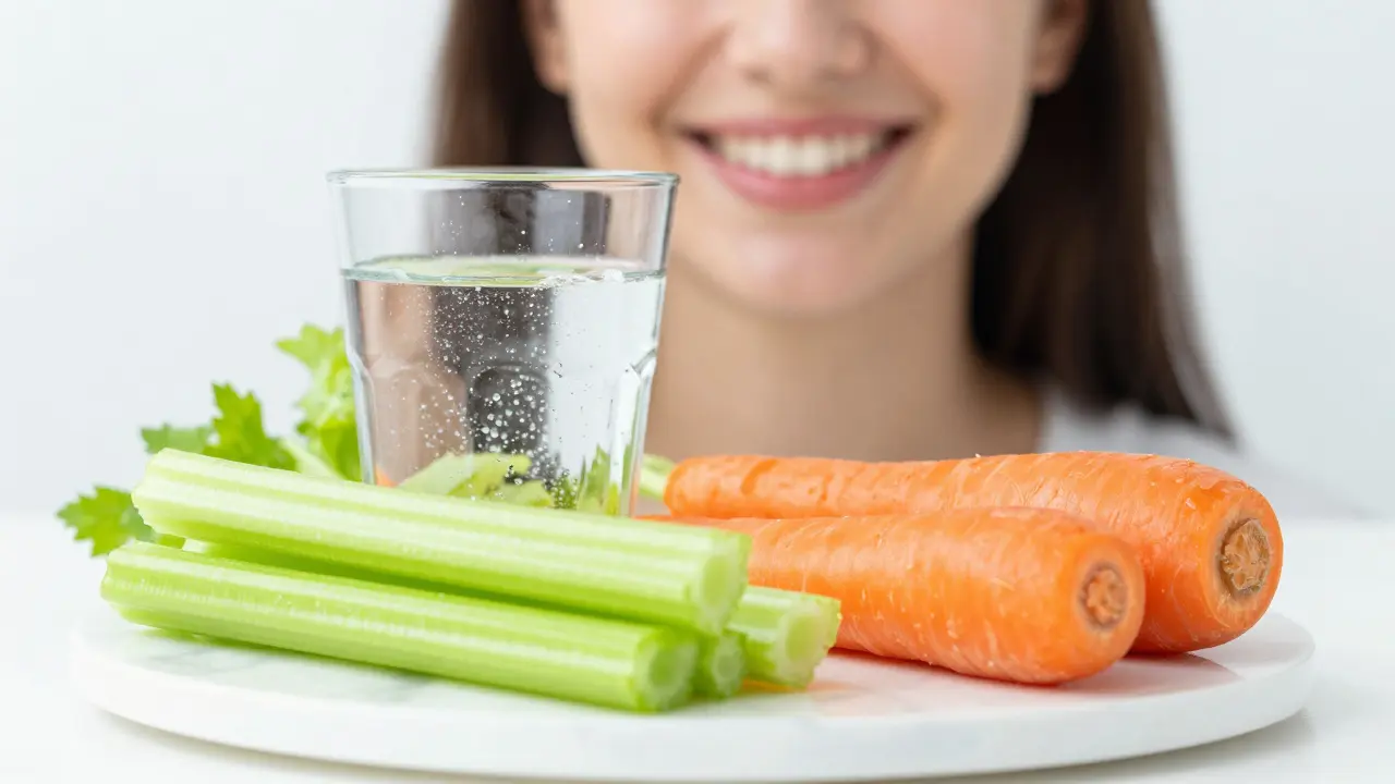 Svěží seler a mrkev vedle sklenice vody na bílém mramoru.