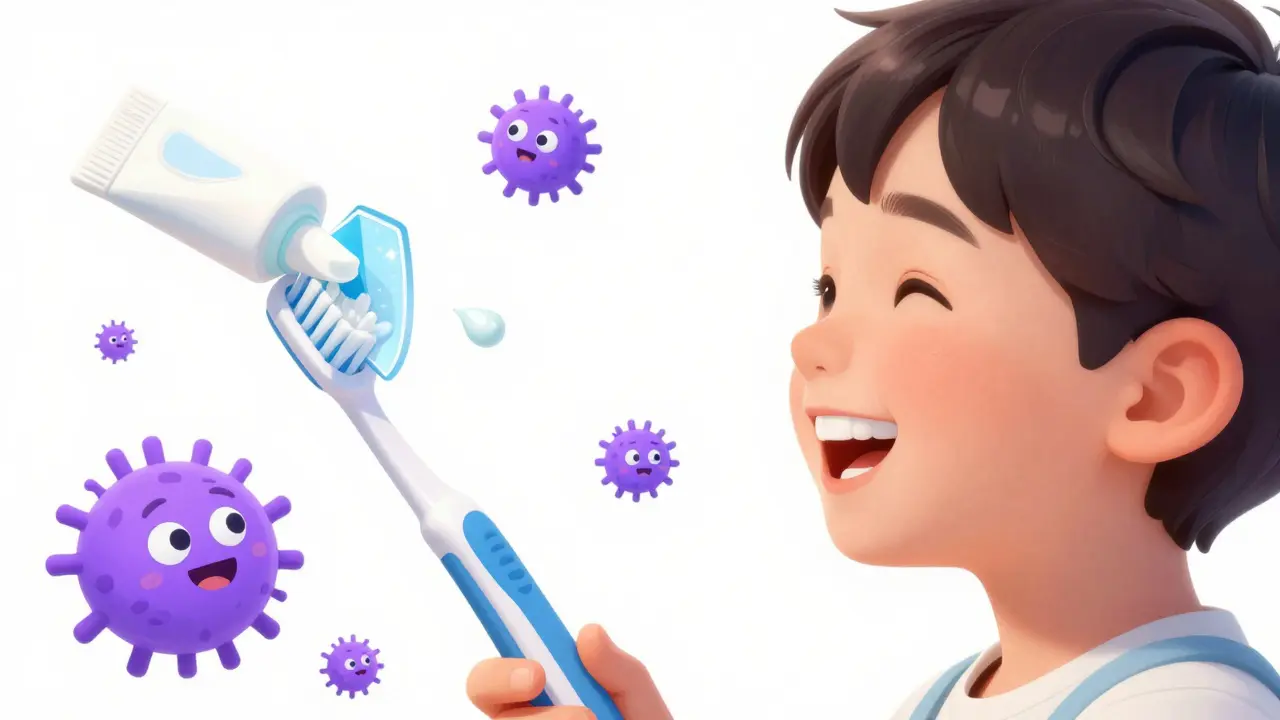 Veselé dítě s čistým úsměvem obklopené symboly zubní prevence.