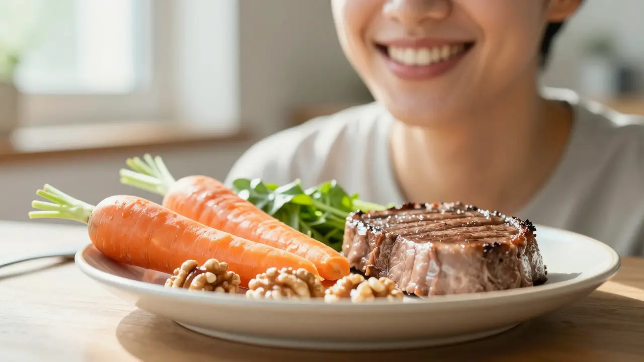 Zdravé potraviny a usmívající se člověk symbolizující lepší trávení.