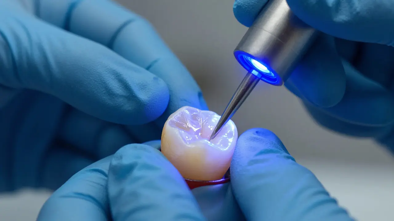 Zubař používající modré UV světlo k ztvrdnutí bílé kompozitní plomby.