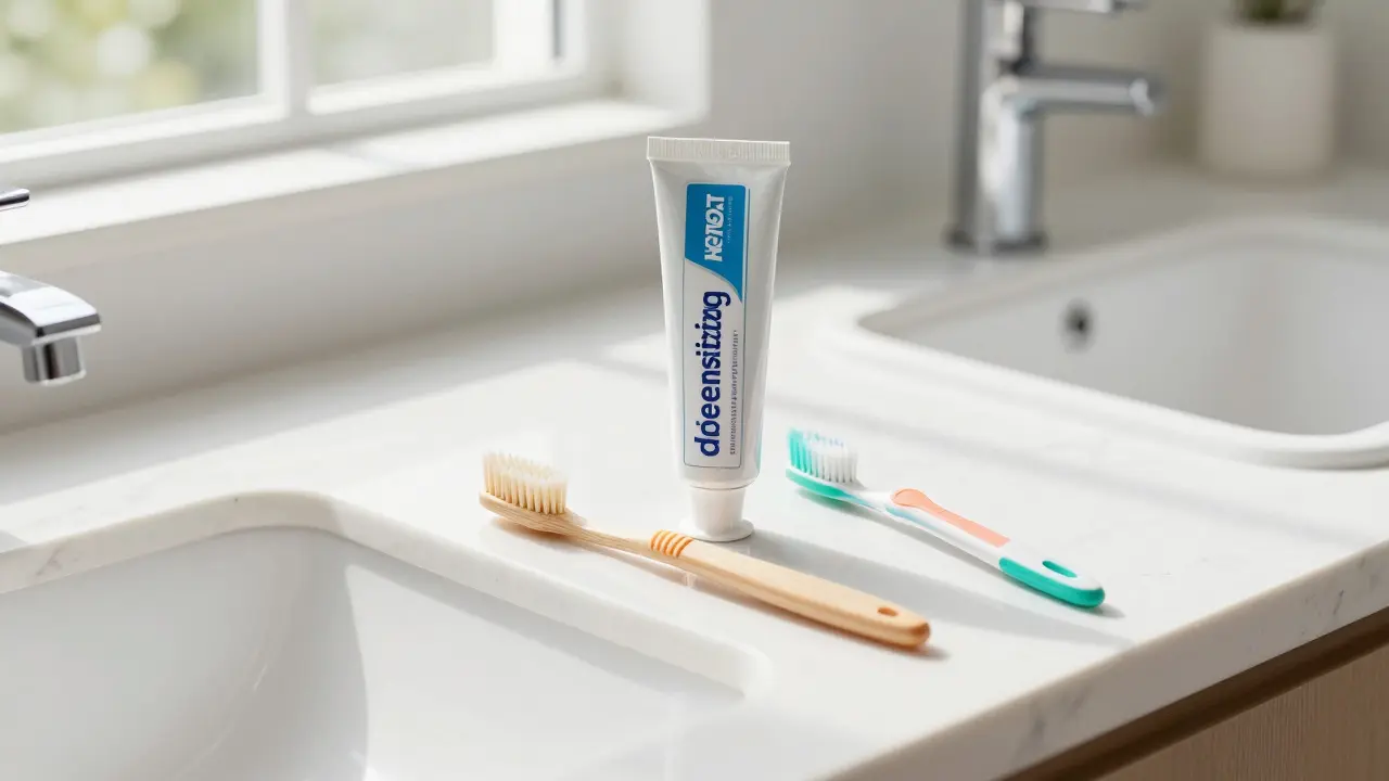 Zubní kartáček a mezizubní kartáčky na mramorovém koupelnovém stole.