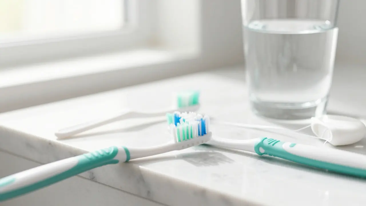 Zubní kartáček a mezizubní pomůcky na mramorovém povrchu v koupelně.