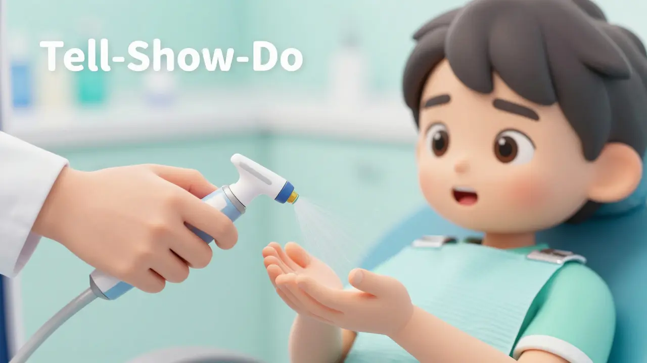 Zubní lékař ukazuje dítěti funkci odsavače vody na jeho ruku.