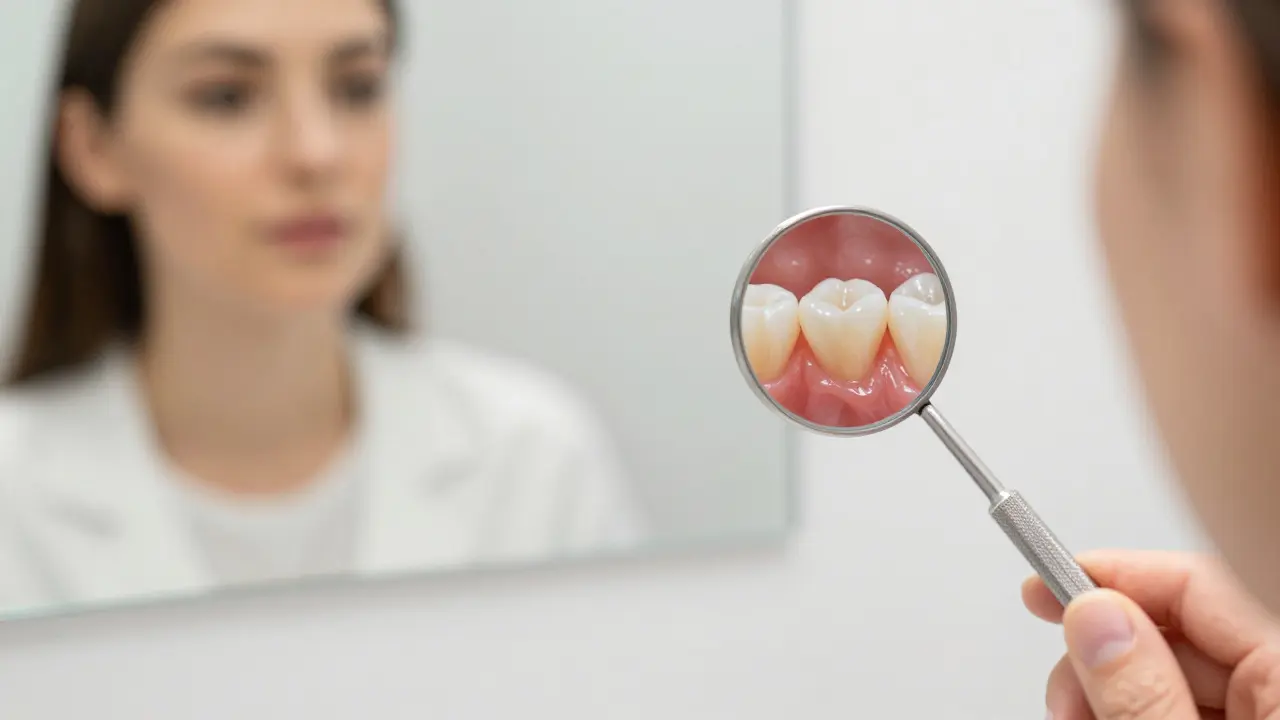 Zvětšený detail zdravých dásní a zubu viditelný přes dentální zrcátko.