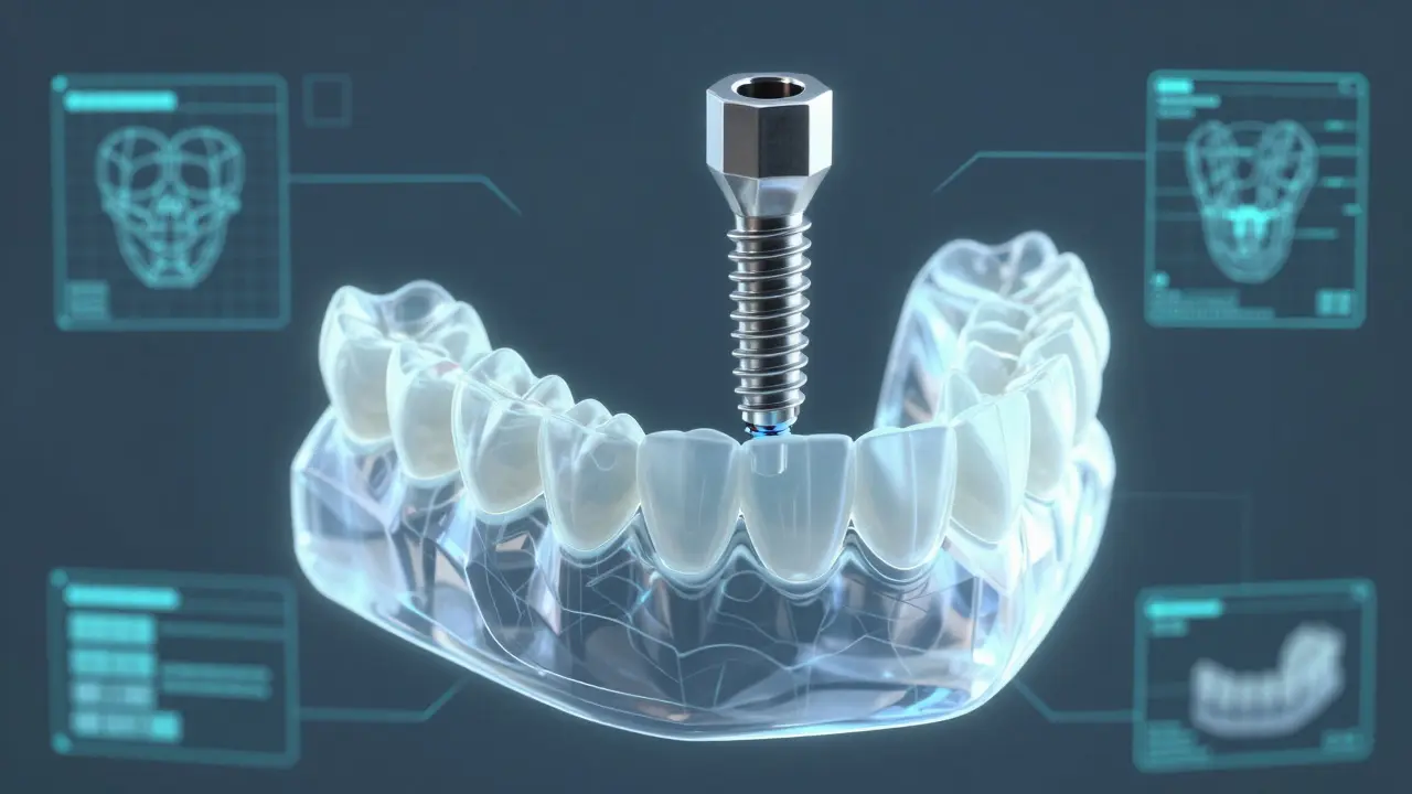 3D digitální model čelisti s titanovým implantátem