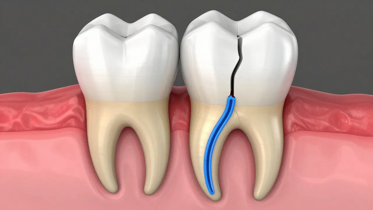 3D ilustrace zuba s prasklinou zvýrazněnou diagnostickým barev.