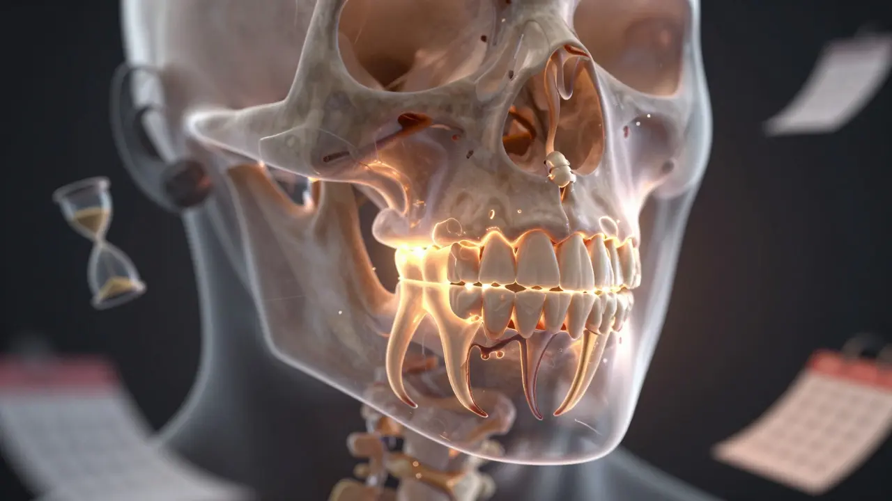 Abstraktní ilustrace biologického procesu remodelace kosti při rovnání zubů.