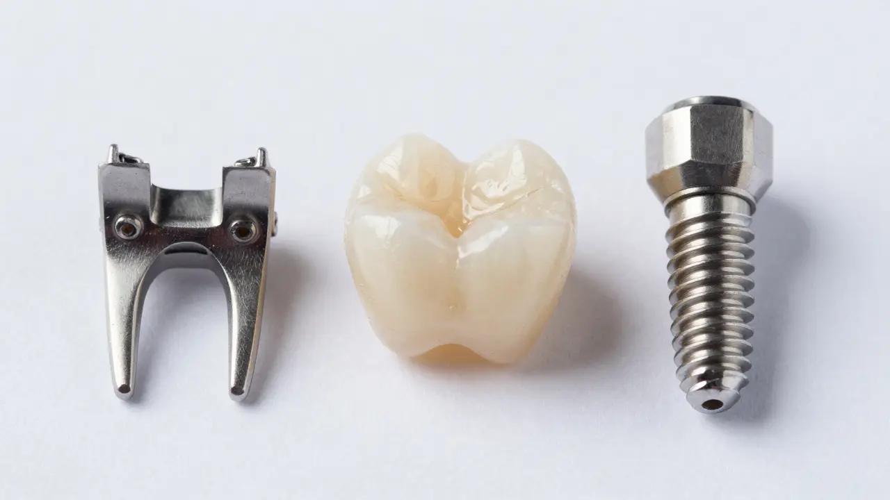 Detailní záběr na tři typy zubních náhrad: most, keramickou korunku a titanový implantát.