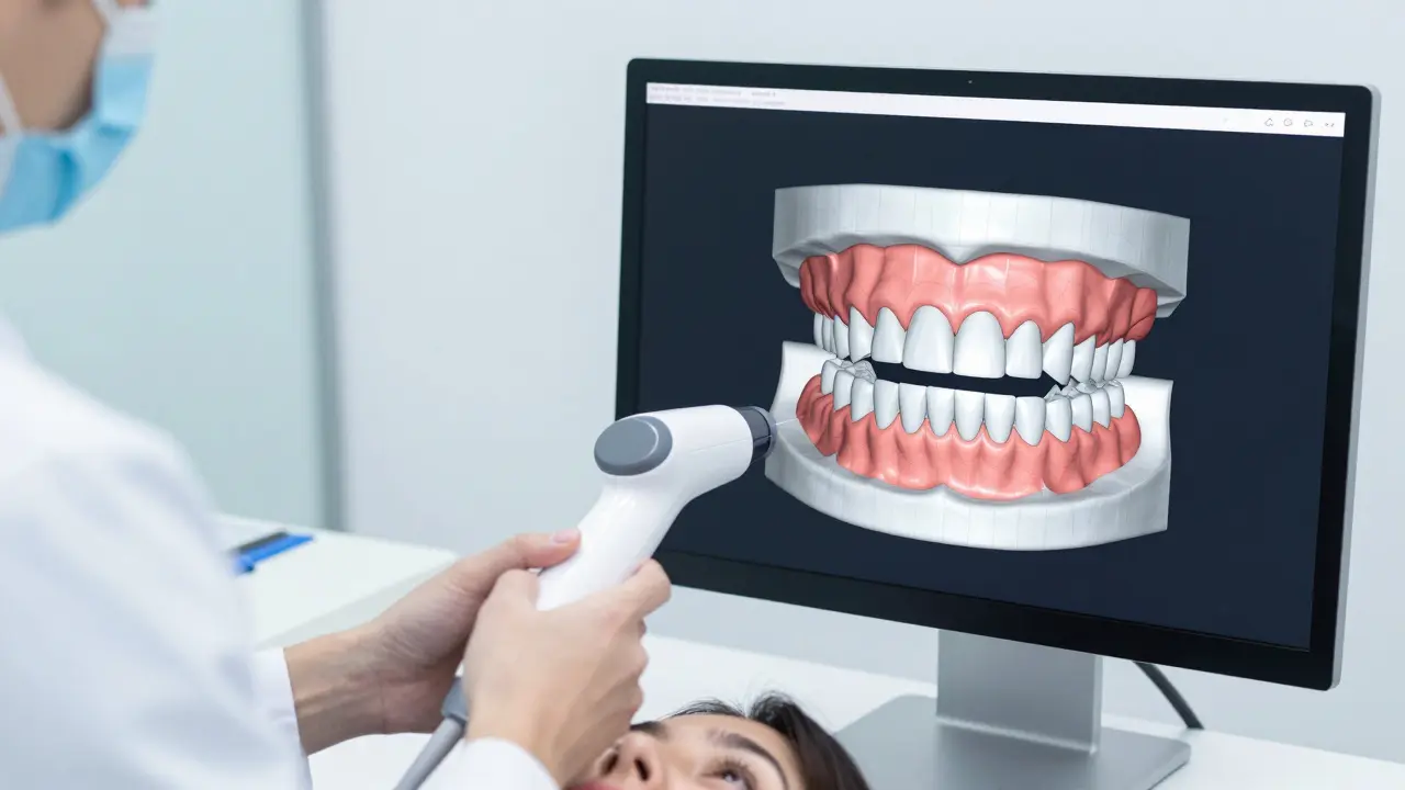 Digitální skener v zubní ordinaci zobrazující 3D model