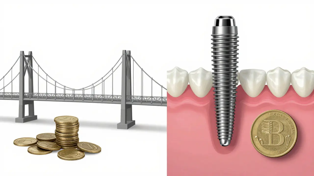 Konceptuální porovnání dlouhodobých nákladů na zubní most versus trvalý implantát.