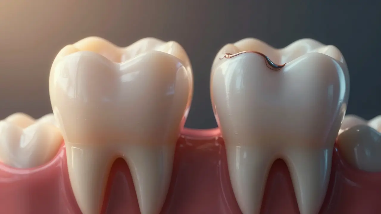 Kontrast mezi zdravým zubem a riziky kazu pod okrajem fazety