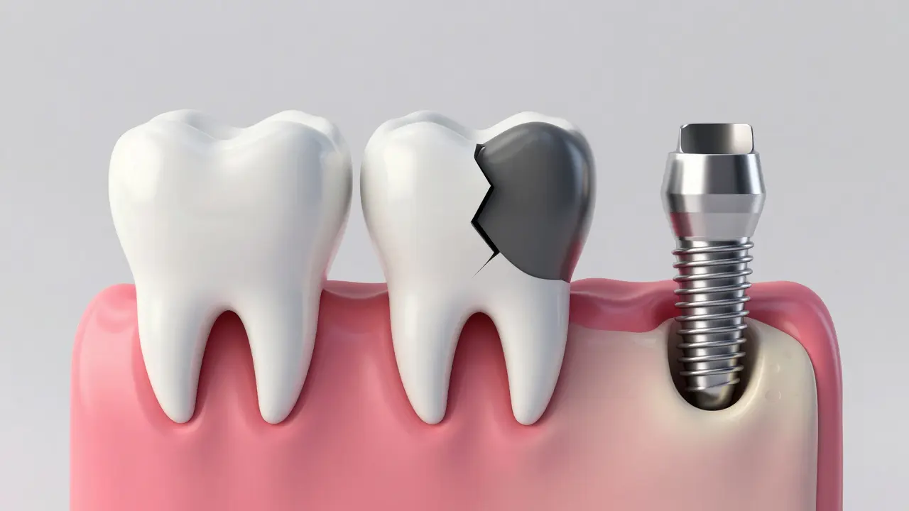Porovnání zachráněného zubu, extrakce a implantátu