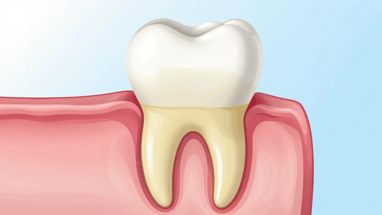 Schéma zubu ukazující hlubokou pigmentaci v dentinu