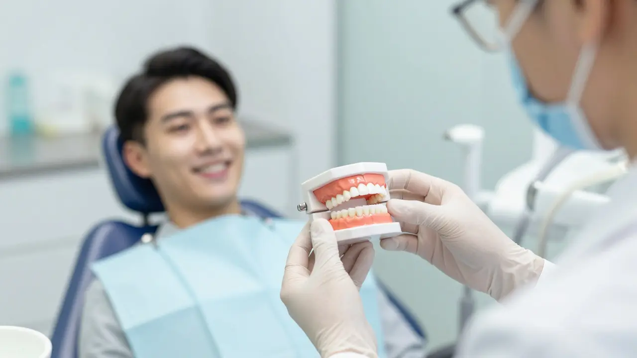 Stomatolog připravuje model zubů pro estetickou obnovu v moderní ordinaci