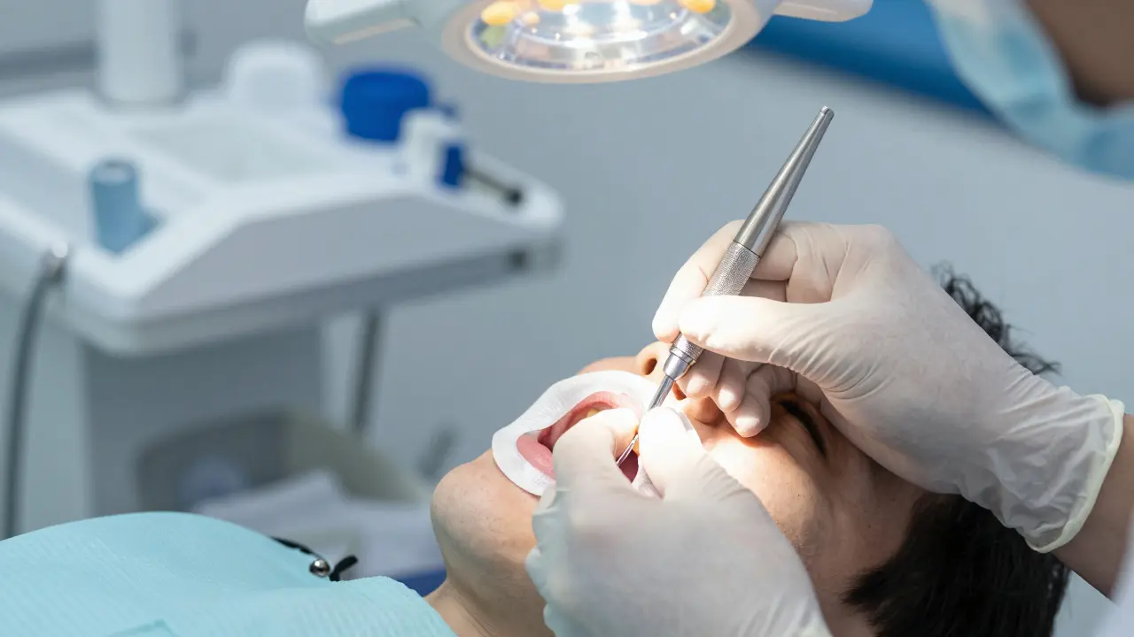 Zubní lékař provádí ošetření kořenových kanálků s gumovou clonou