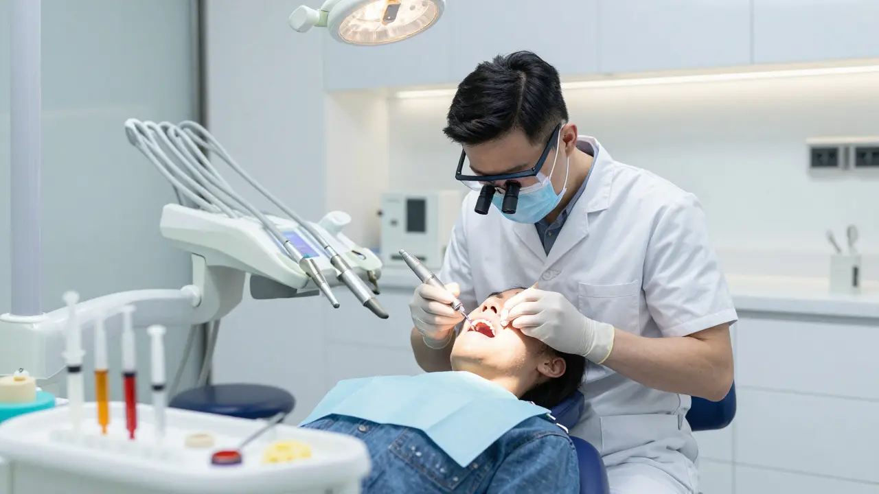 Zubní lékař vyšetřuje pacienta v moderní stomatologické ordinaci.