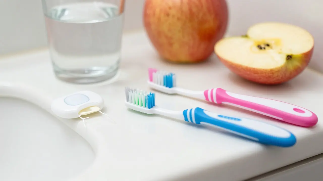 Dětské hygienické potřeby jako kartáček a nit na čistém pultu