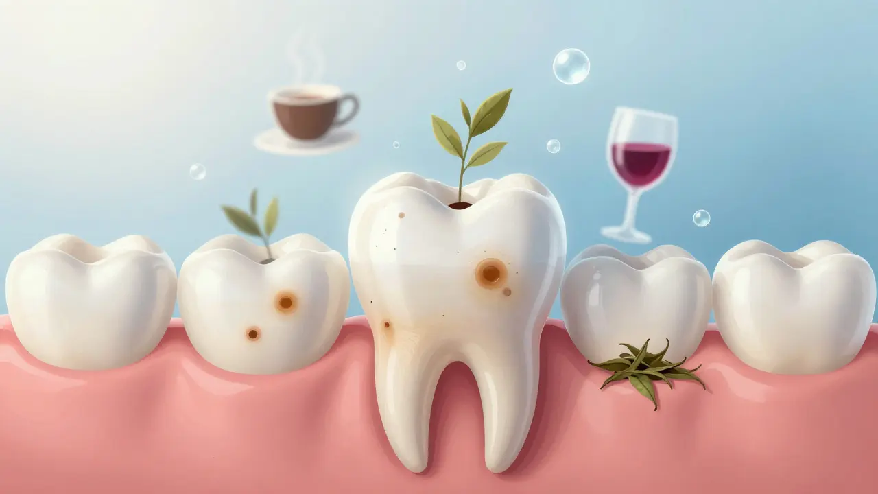 Ilustrace zubu s otevřenými póry a odpuzovanými zbarvujícími nápoji