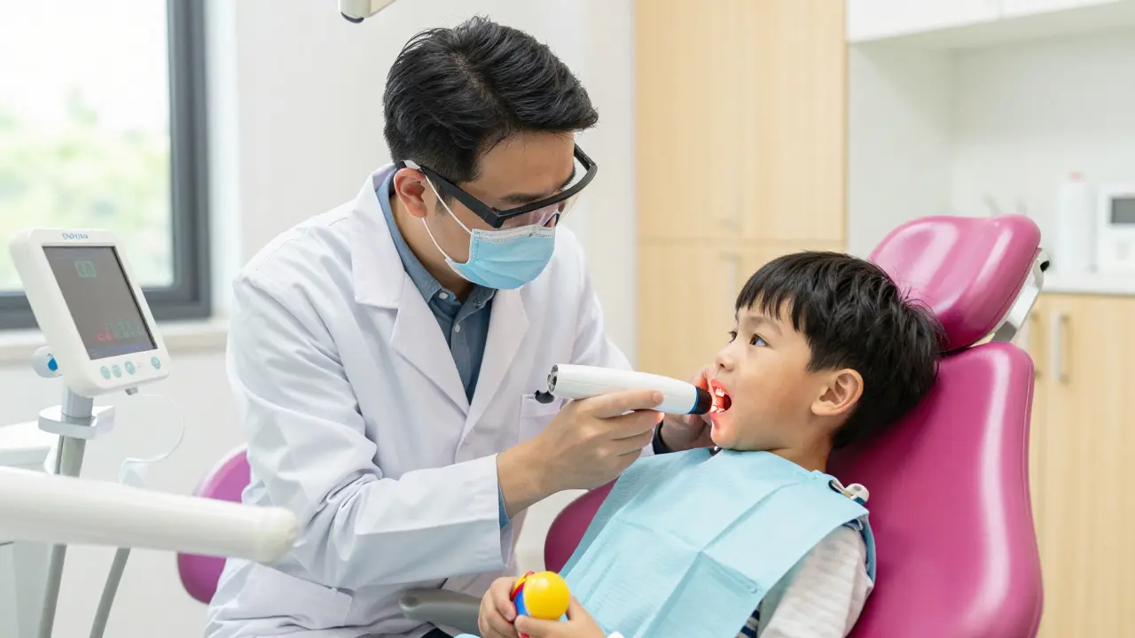 Pediatriční stomatolog zkoumá zuby dítěte pomocí laserového detektoru