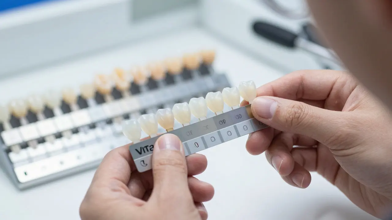 Porovnání odstínů keramických fazet v laboratoři