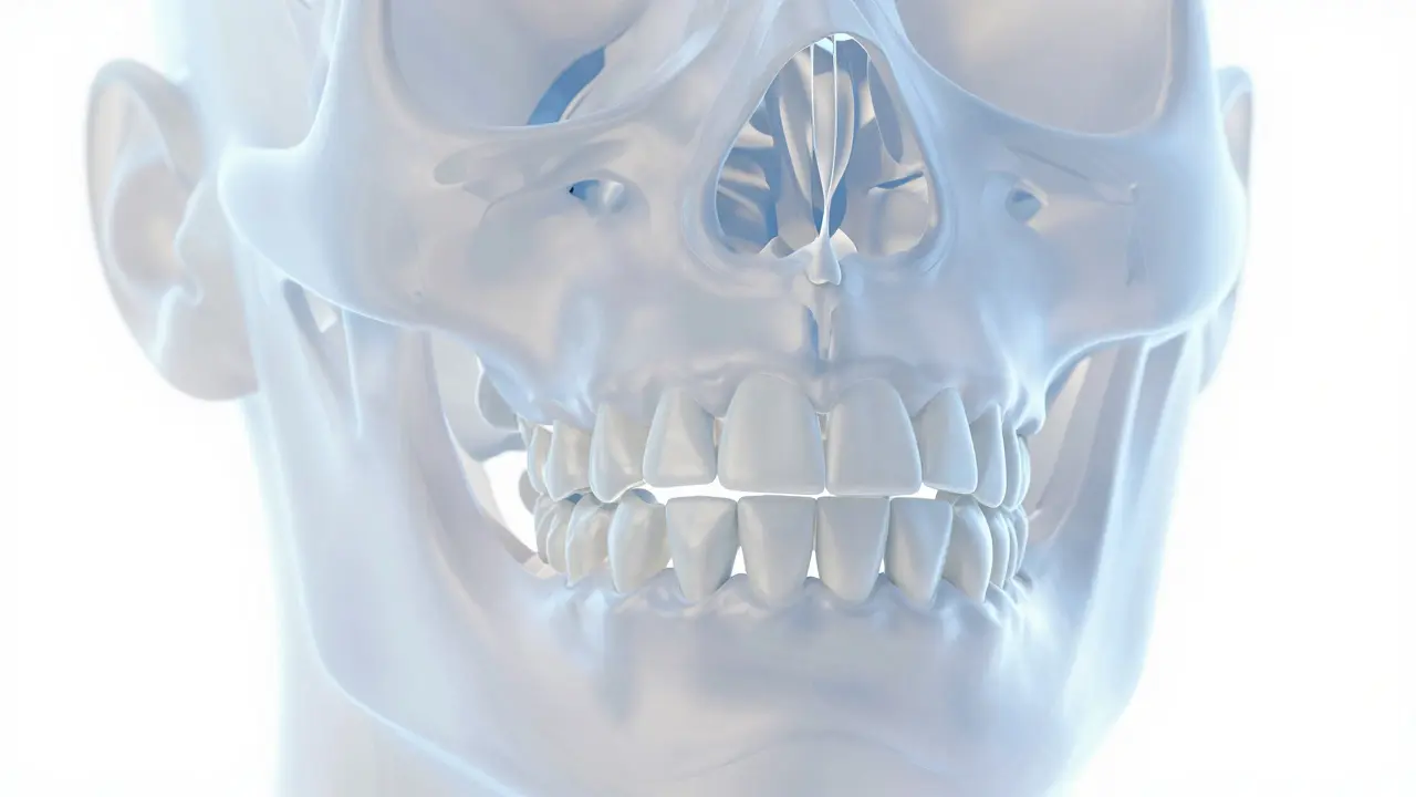 Anatomická ilustrace ukazující přeplněné zuby v malé čelisti
