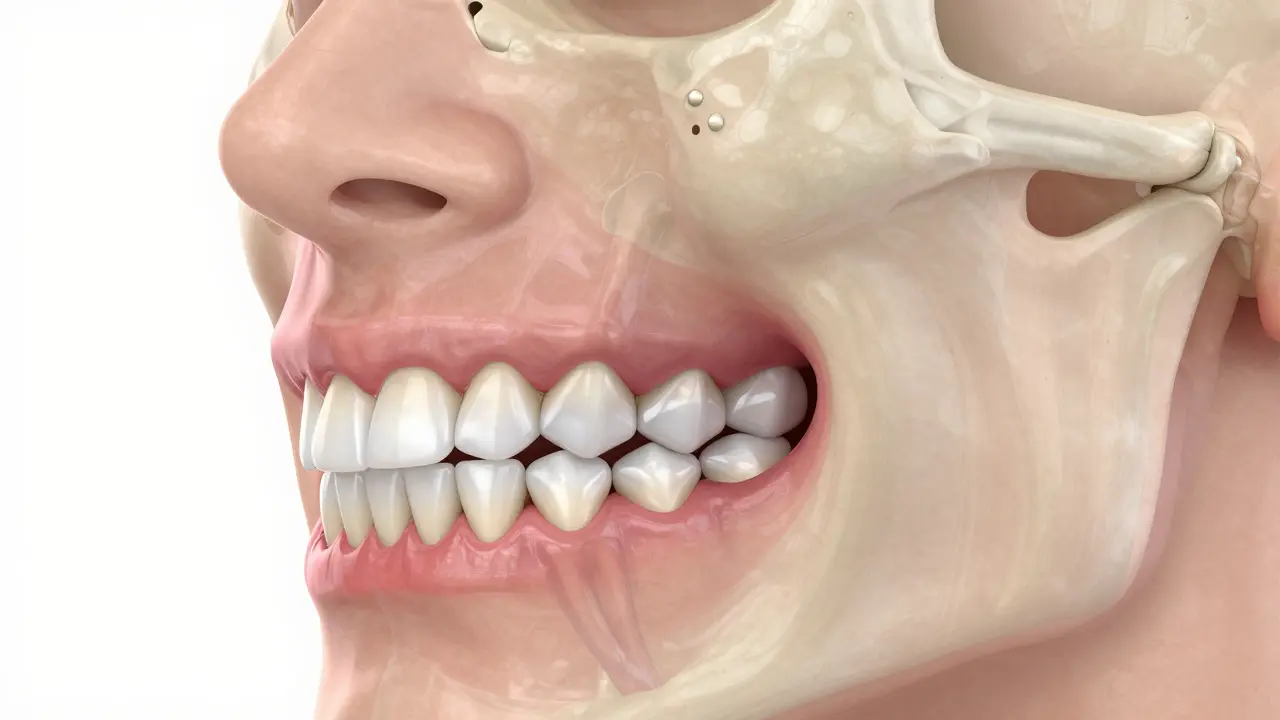 Anatomická ilustrace ukazující špatné postavení zubů při nůžkovém skusu