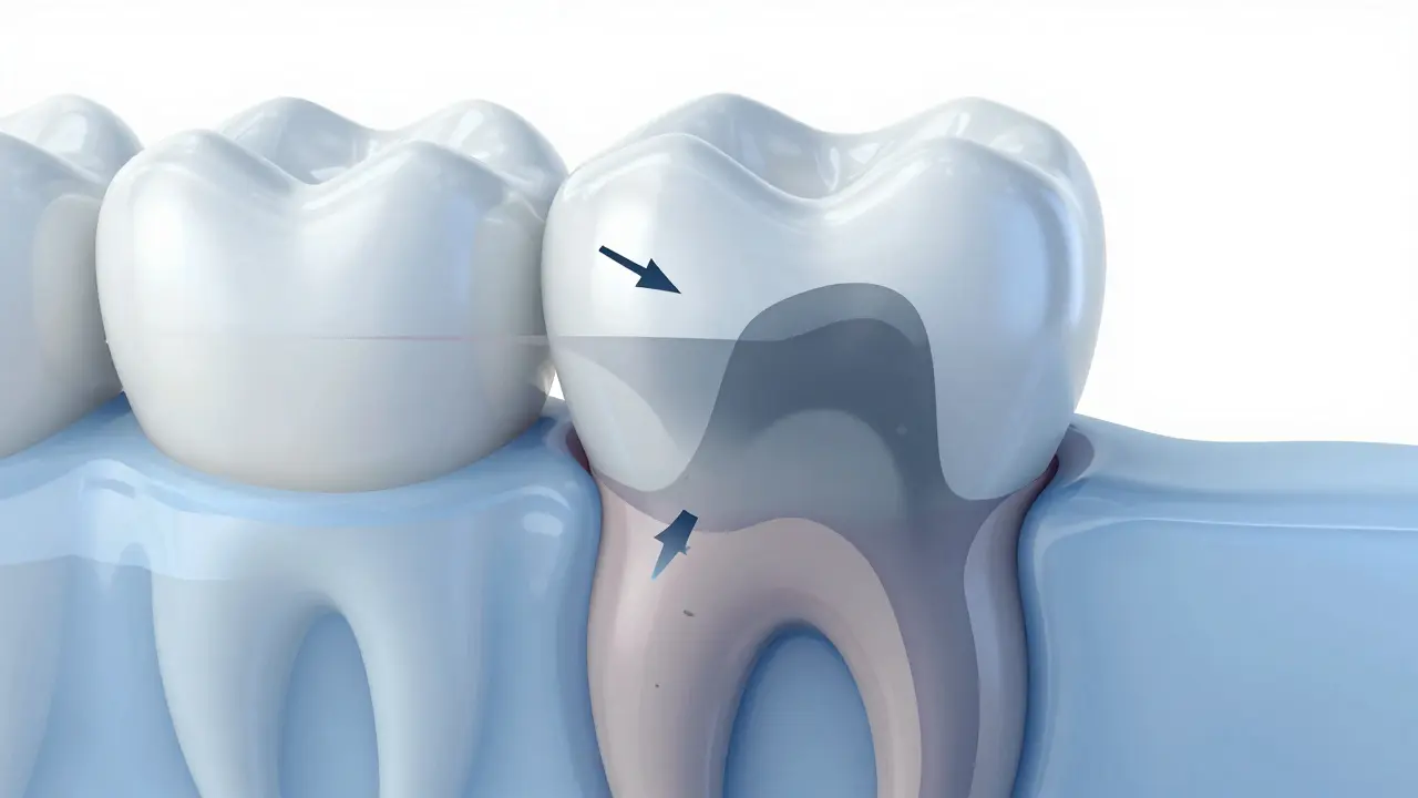 Anatomický řez zubem ukazující tmavý podklad prosvítající skrz průsvitnou keramickou korunku.