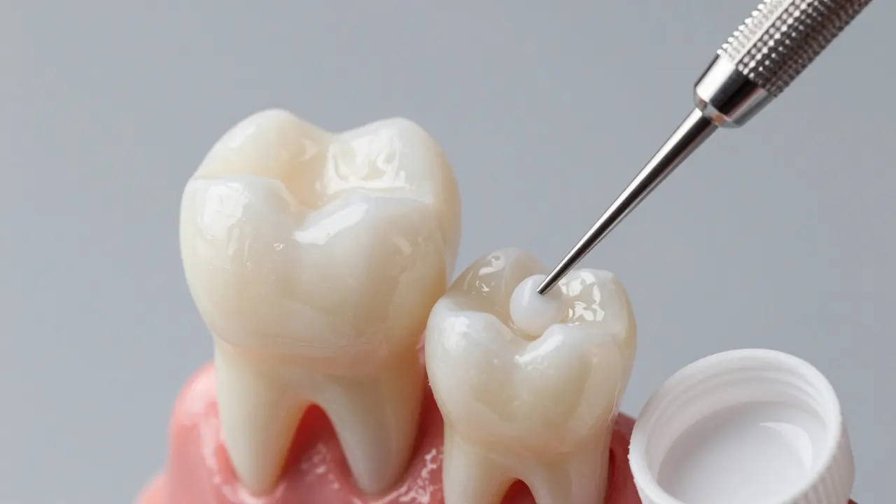 Detail bílé kompozitní výplně a zubního materiálu