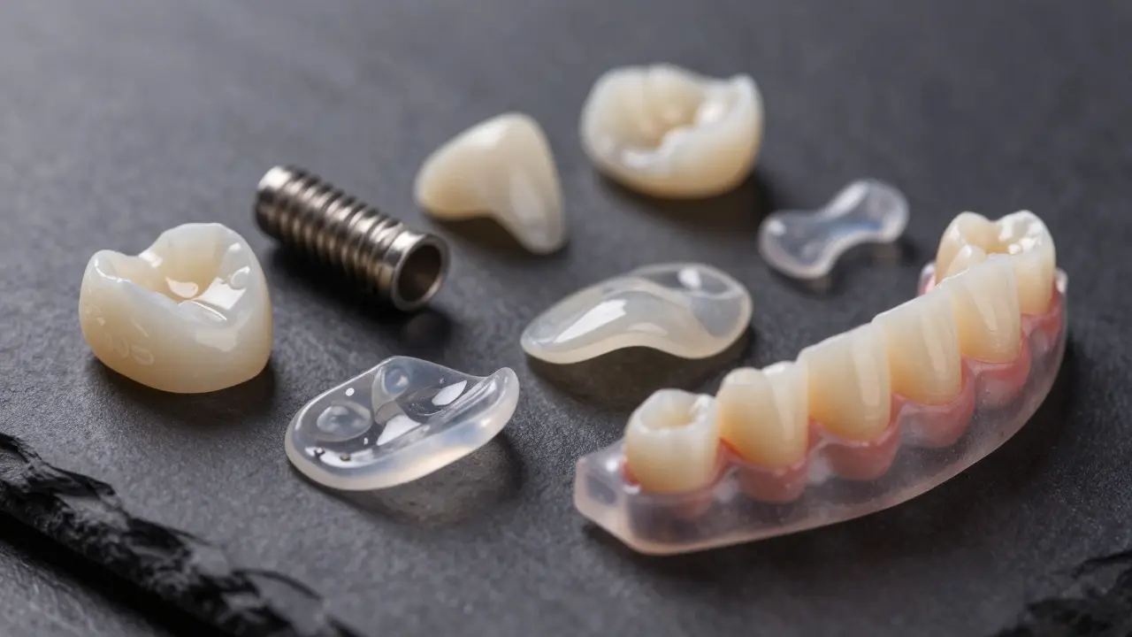 Detailní záběr na zubní korunky, implantáty a materiály