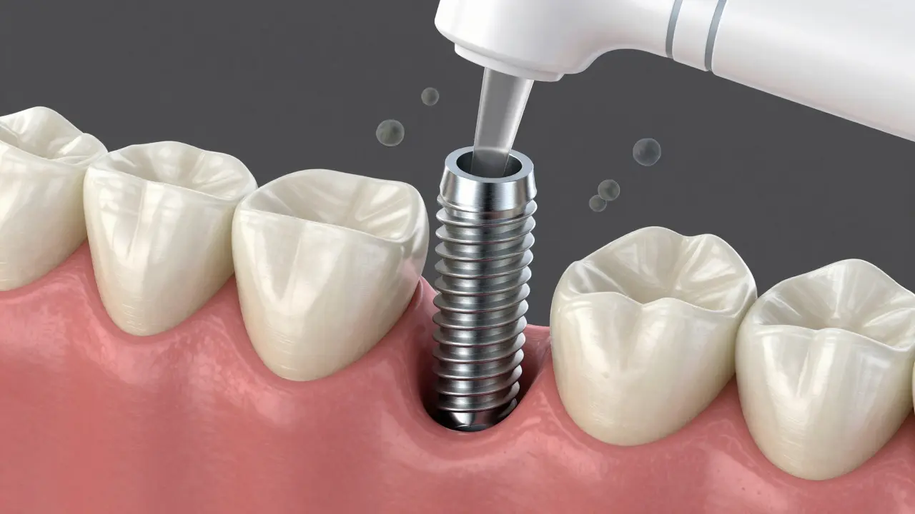 Detailní zobrazení integrace zubního implantátu do kosti