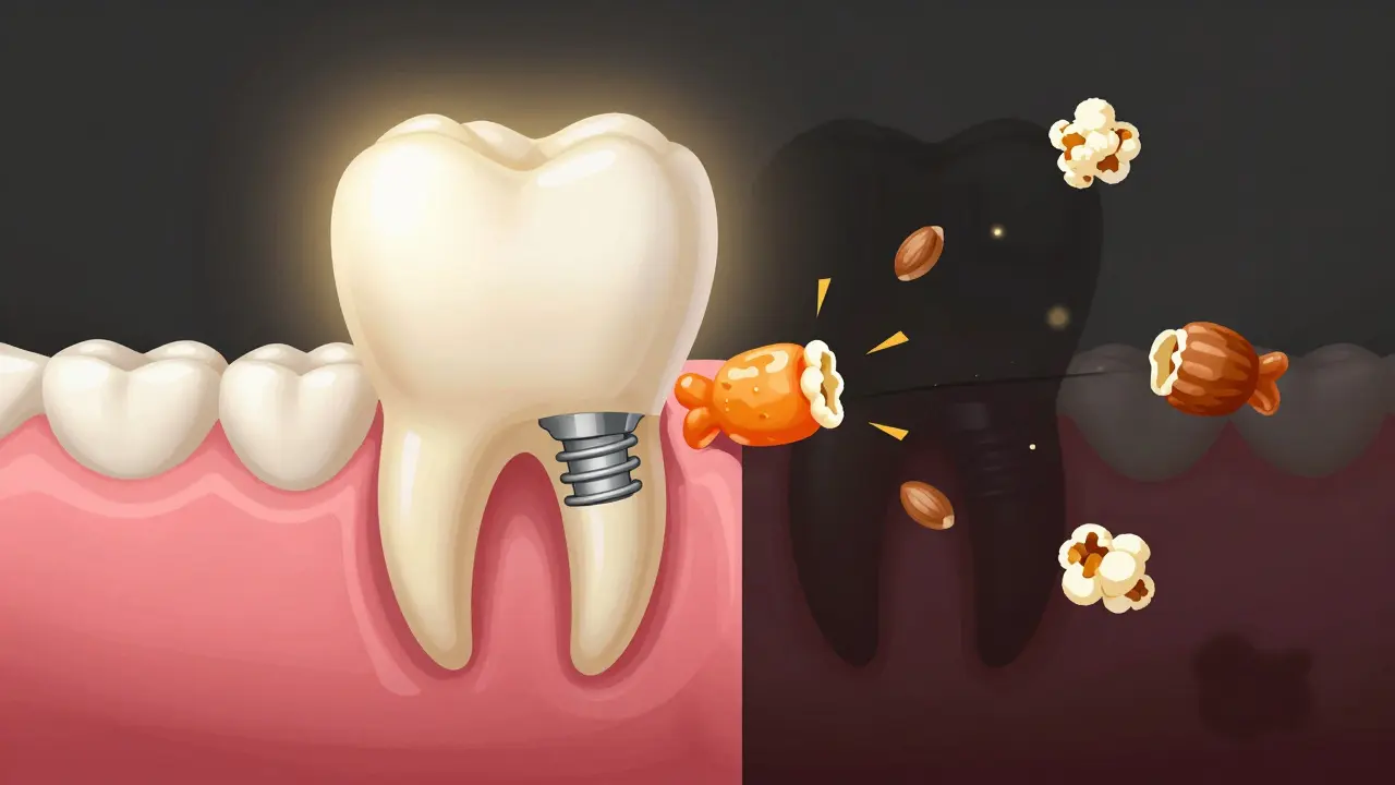 Konceptuální ilustrace správné stravy a rizik pro hojení zubního implantátu