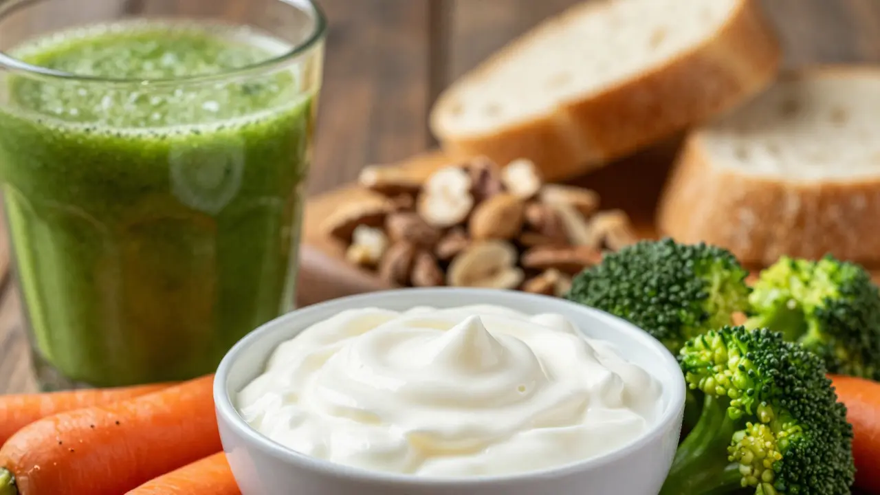 Měkké jídlo jako jogurt a smoothie vedle rozmazaných tvrdých sušinek