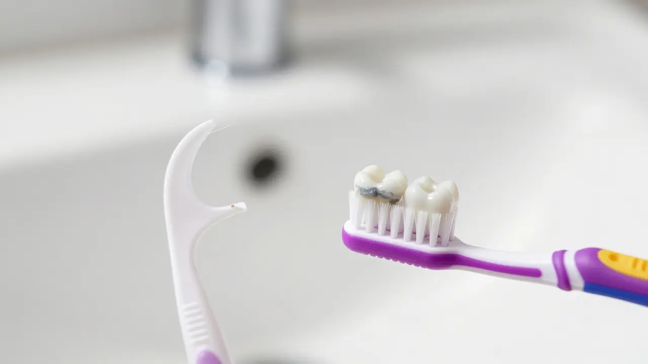 Srovnání dentální niti a mezizubního kartáčku při čištění mezery mezi zuby.
