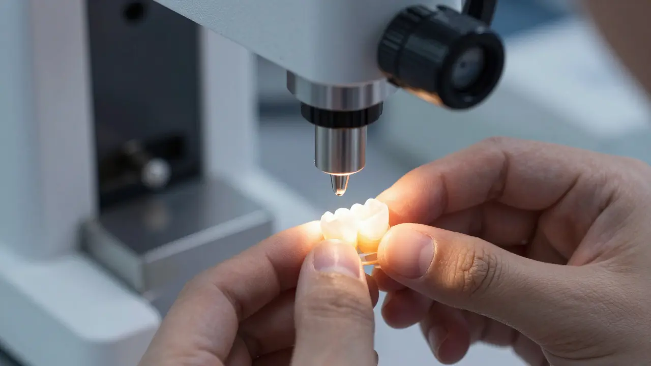Technik upravuje keramickou zubní fazetu pod mikroskopem