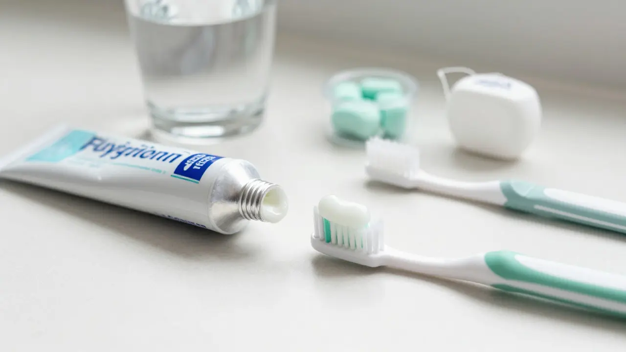 Zubní pasta s fluoridem, elektrická kartáčka, nitka a voda na čistém umyvadle pro správnou hygienu.