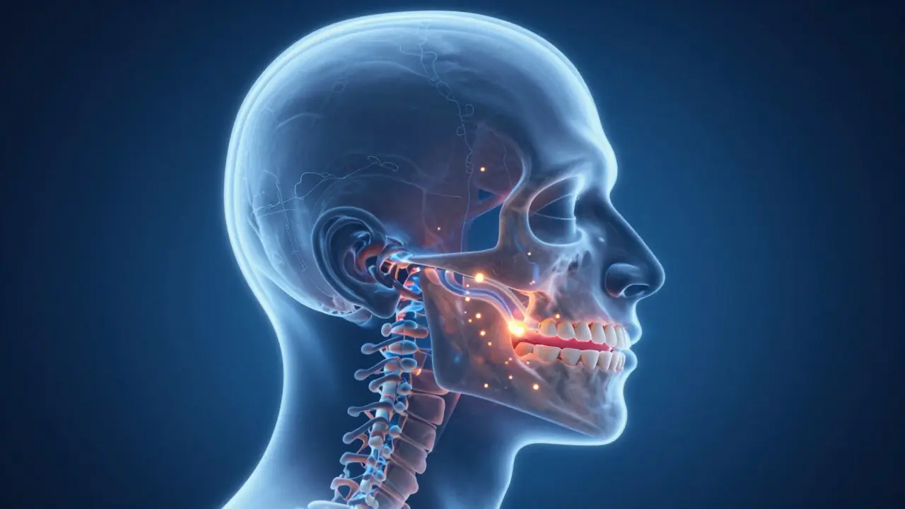 Anatomická ilustrace ukazující vliv úzké čelisti na dýchání ve spánku