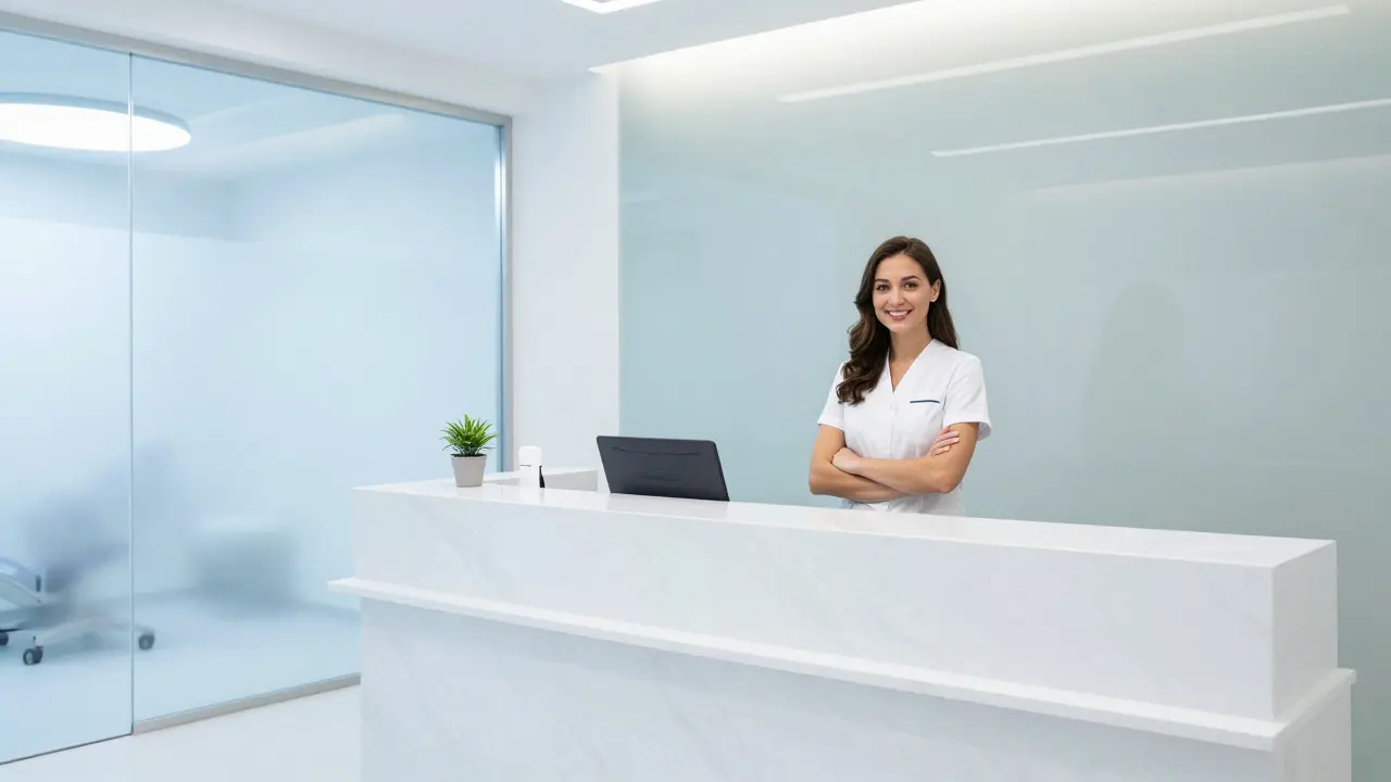 Moderní recepce zubní kliniky s usměvavou recepcionistkou