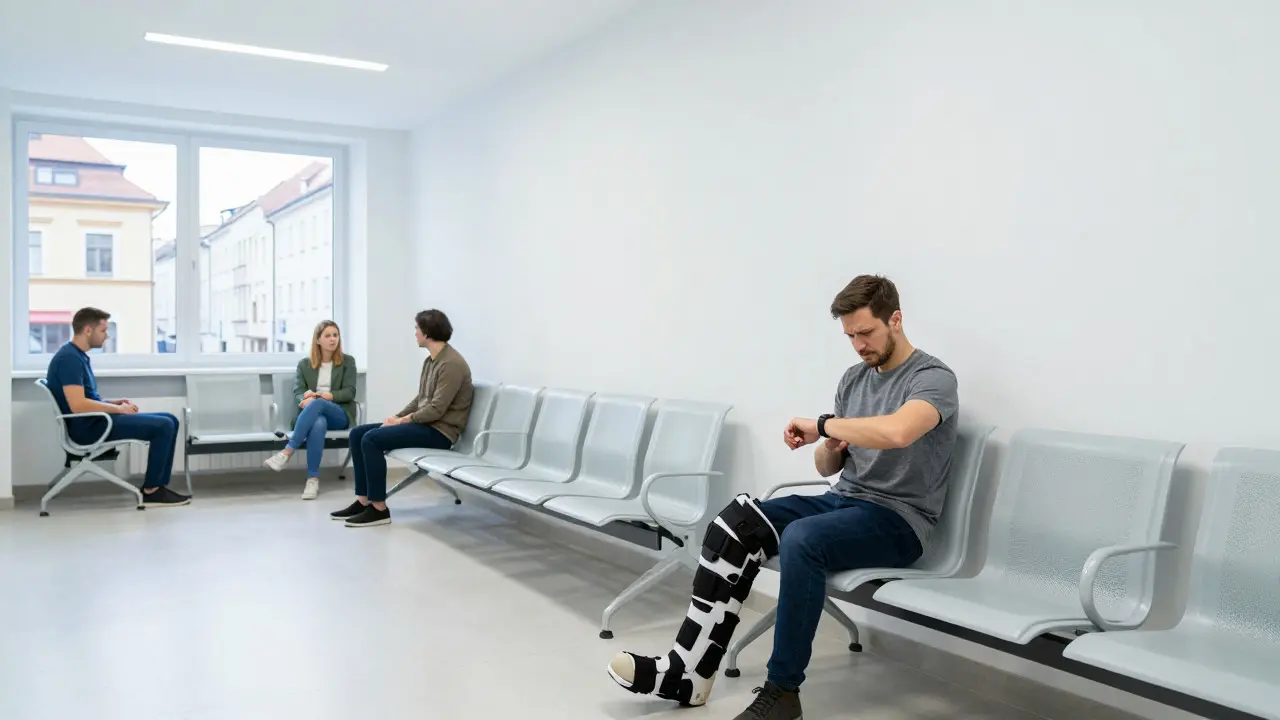 Očekávácí místnost nemocnice s pacienty a výhledem na pražskou architekturu