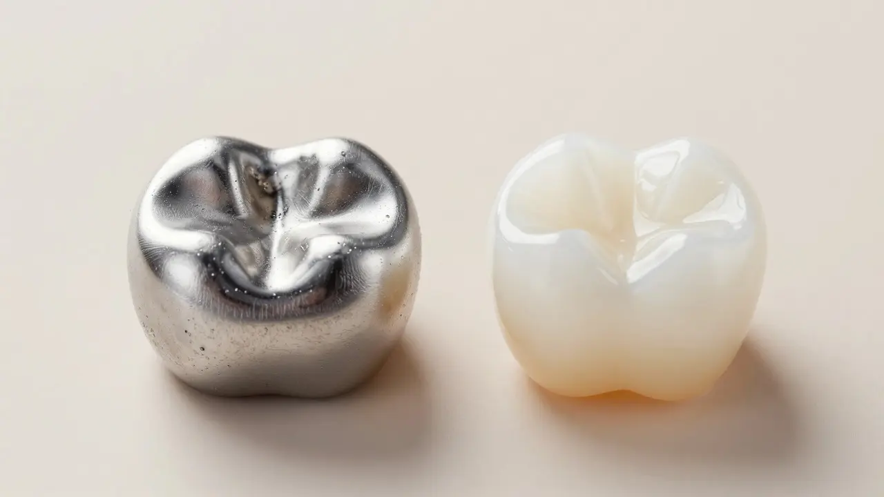 Porovnání stříbrné a bílé kompozitní výplně na zubu