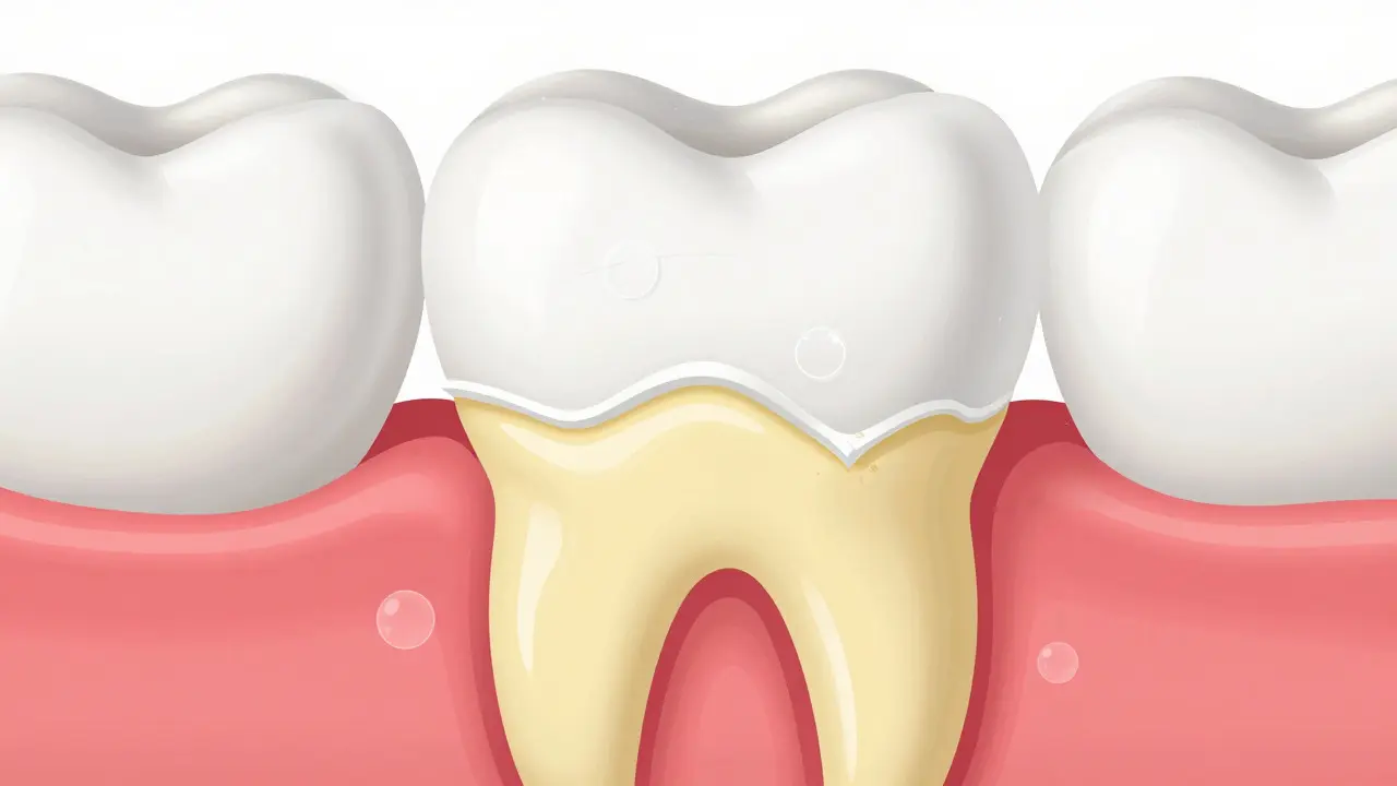 Příčný řez zubem ukazující erozi skloviny a žlutý dentin