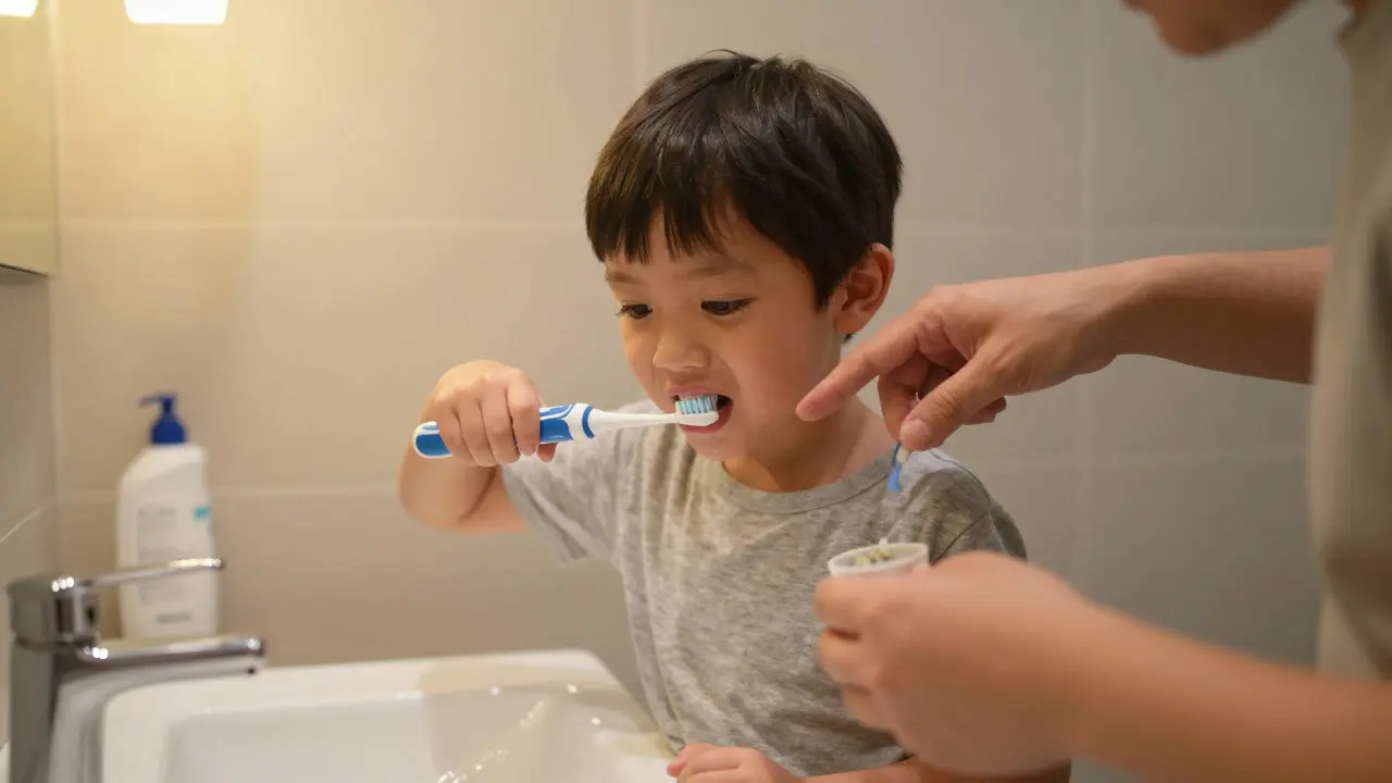 Rodič pomáhá dítěti správně držet elektrický zubní kartáček