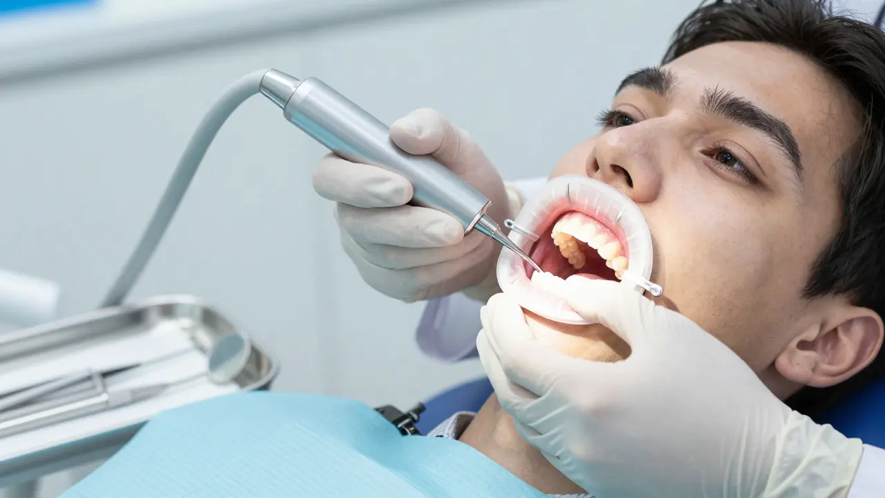 Stomatolog provádí profesionální hygienický úklid zubů pomocí ultrazvukového nástroje