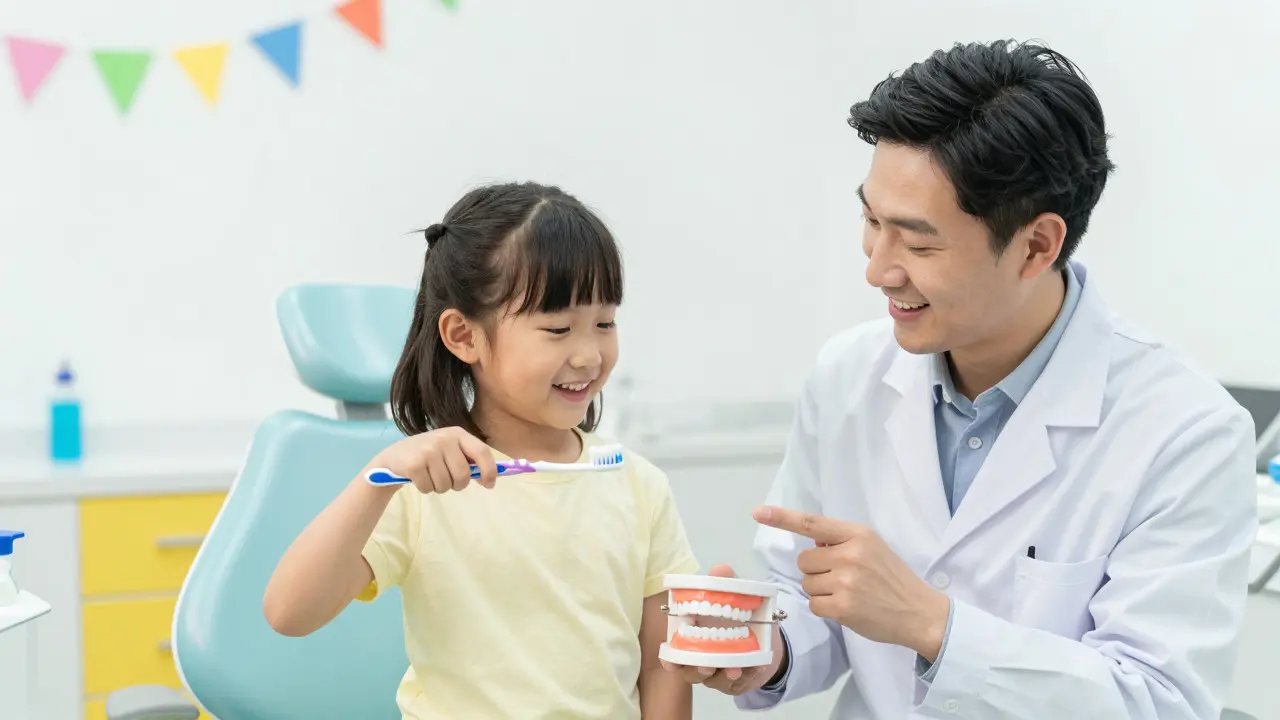 Úsměvné dítě s kartáčkem a pediatrický zubní lékař v barevné ordinaci