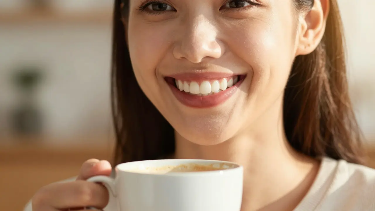 Usmívající se žena s perfektními zuby držící šálek kávy