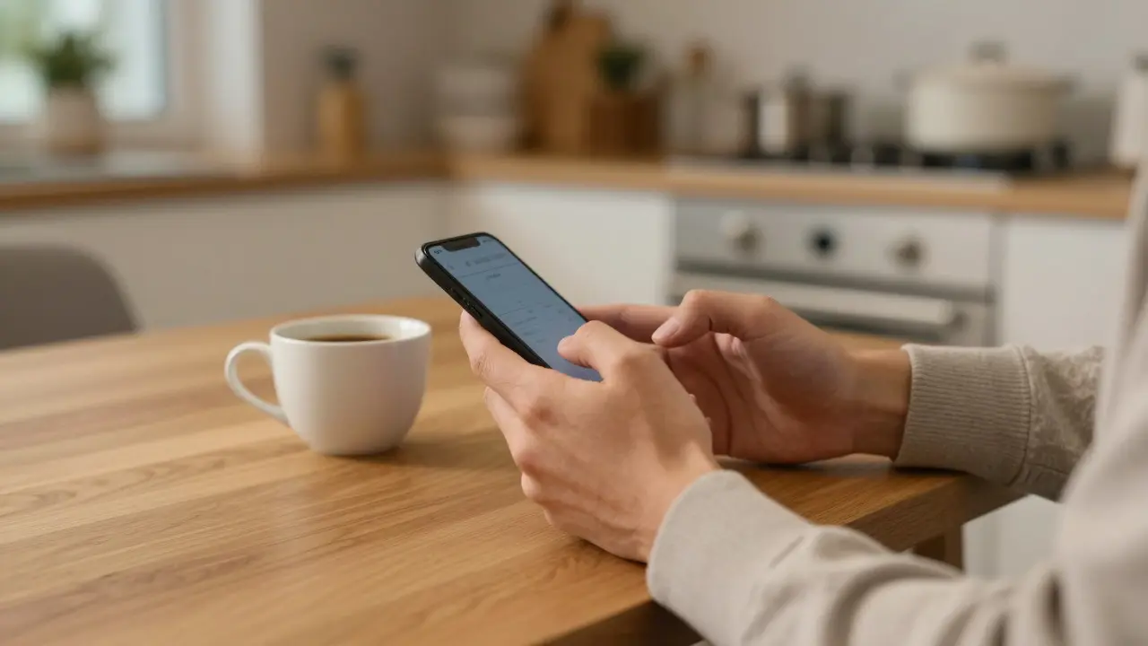 Zubař doma v pohotovosti drží mobilní telefon u kuchyňského stolu