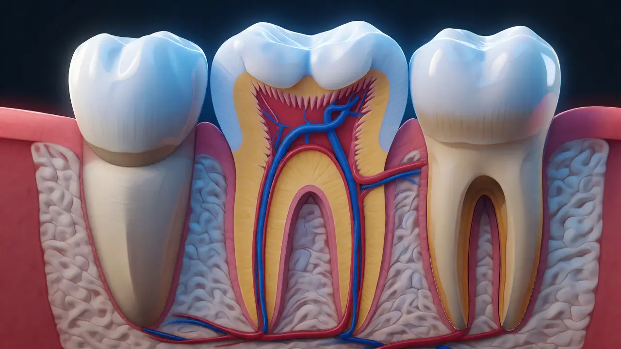 Anatomický řez zubem premolárem ukazující sklovinu, dentin, pulpu a kořeny v kosti.
